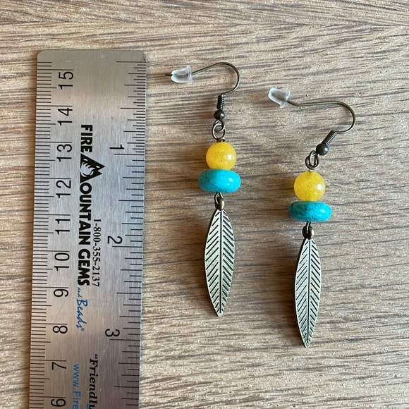 HAND CRAFTED BOHEMIAN BEADED EARRINGS Antique Brass Turquoise Yellow Chalcedony - Picture 7 of 14